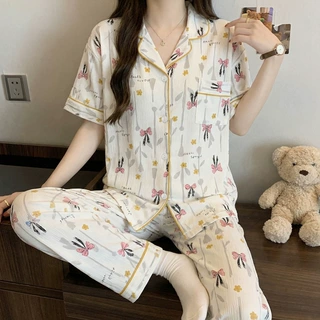 蝴蝶结ins田园碎花皱布睡衣女款夏季2026新款短袖长裤家居服批发