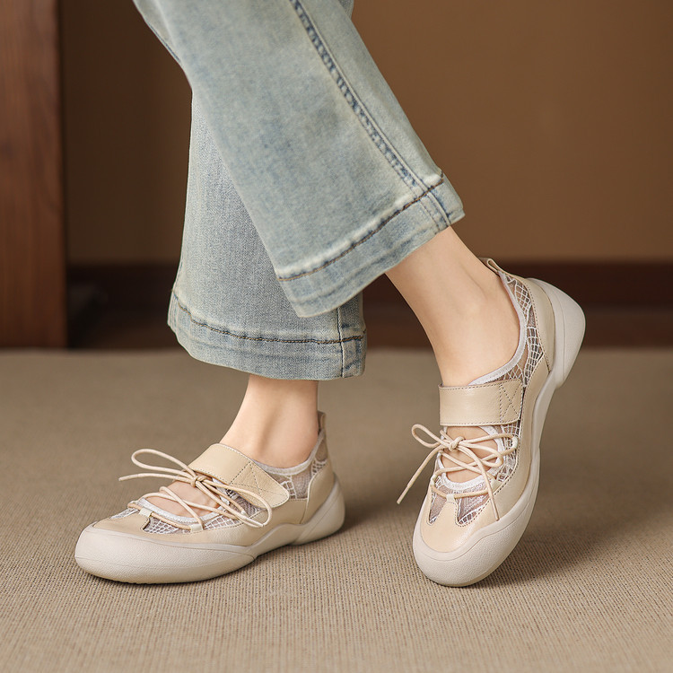 Giày sneaker nữ đế dày ren lưới phối màu cổ thấp — màu trắng ngà