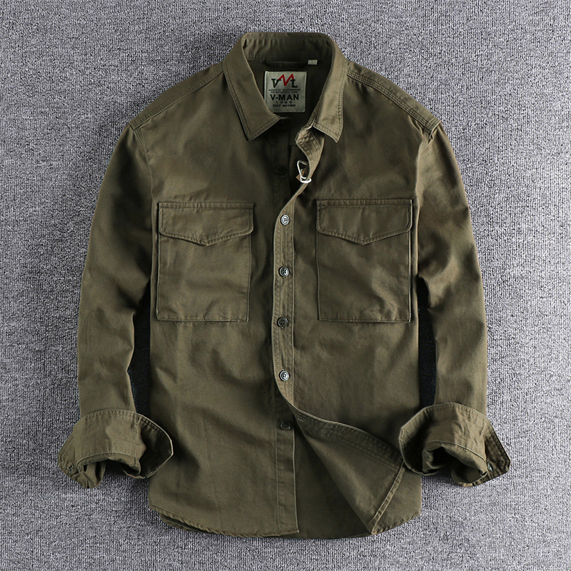 2026 Autumn New Vintage Washed Solid Color Work Shirt for Men with Three-Dimensional Pockets Trendy Loose Jacket