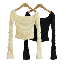 7150-22夏季新款 法式甜美露肩修身显瘦喇叭长袖浪漫网纱T恤上衣