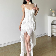 跨境欧美风2025夏季新款女装性感大露背显瘦荷叶边不规则连衣裙