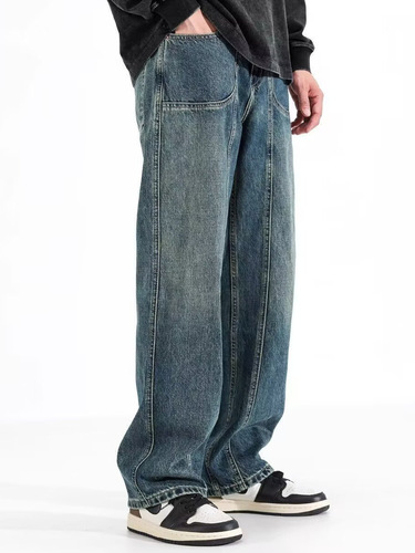 2024 Spring and Summer New Men's Relaxed Straight Leg Denim Jeans, American Style Trendy Wide Leg Floor-Length Casual Pants