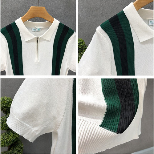 Summer Men's New Color-block Striped Knit Polo Shirt Cross-border American Gentleman Collar Short-sleeve Knit T-shirt