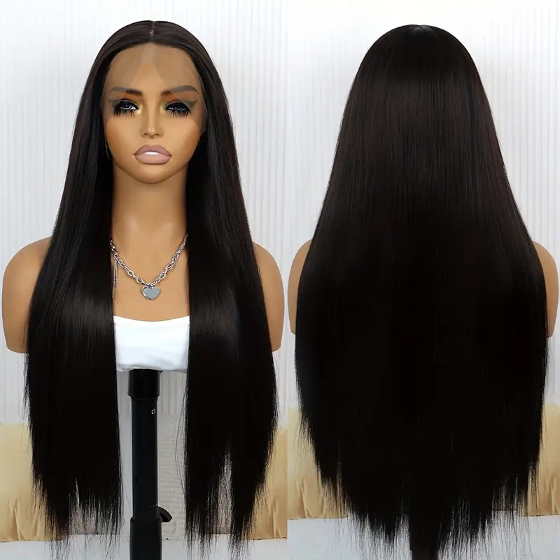 Ventas transfronterizas calientes frente al encaje pelucas de cabello largo recto de fibra química cubierta de cabello natural pelucas flojas fábrica al por mayor en stock