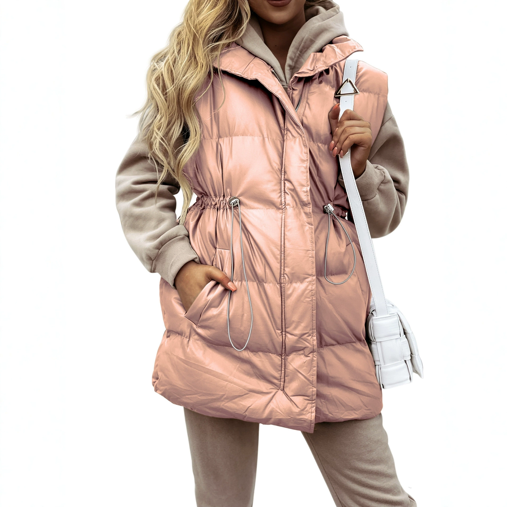В наличии 2023 Европа и США Amazon длинный однотонный жилет на шнурке свободный карман на молнии с хлопковой подкладкой женский M3C196