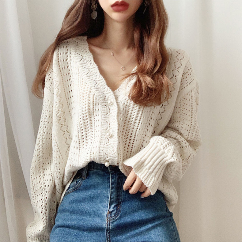 Korean Chic Retro Hollow-Out Knit Cardigan, Lazy Style Crochet Sweater, V-Neck Knitted Cardigan for Women