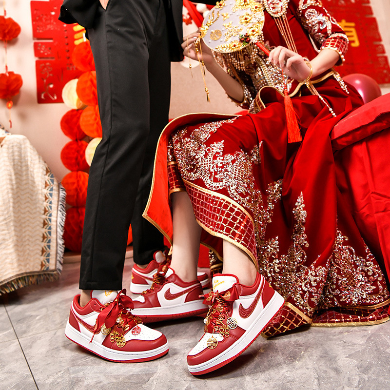 Putian Aj Women's Shoes Genuine Wedding Shoes Burgundy Sneakers Men's Shoes Red Couple Wedding Shoes Ladies Bridal Shoes