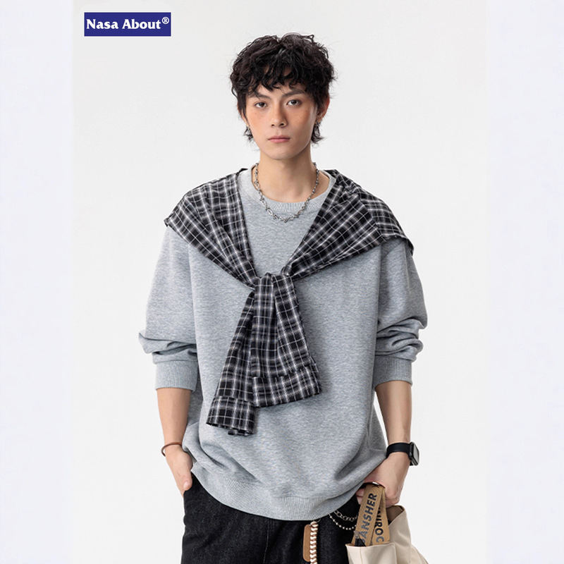 Nasa American-Style Plaid Shawl Fake Two-Piece Sweatshirt Men's Trendy Detachable Design Top High-End Versatile Jacket