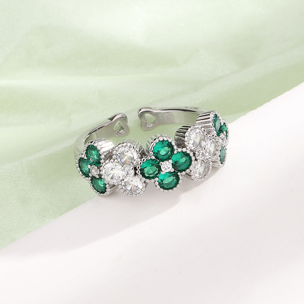 Anillo trébol 4 hojas vintage, estilo palacio, circonita verde esmeralda, ajustable