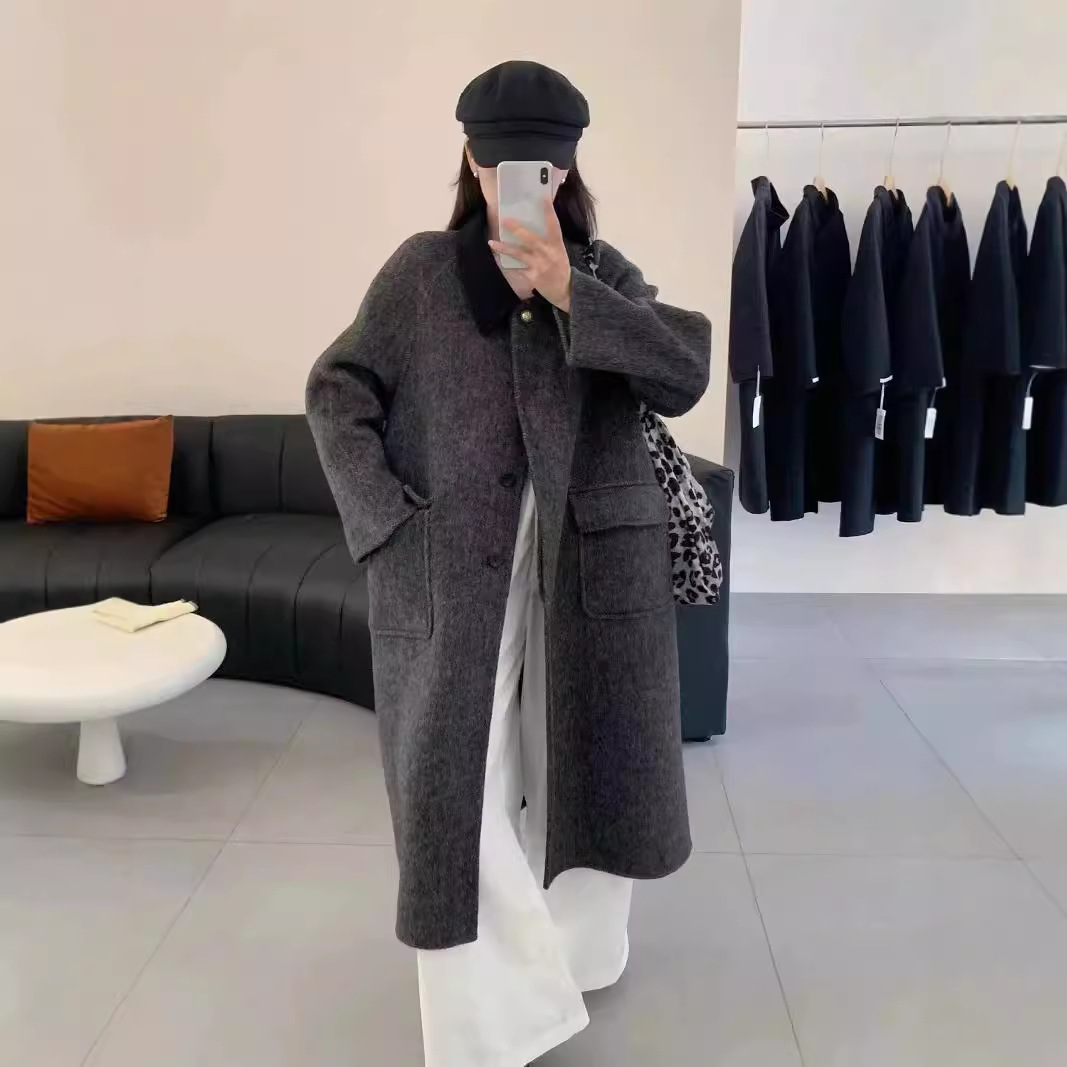 새로운 스티칭 칼라 컬러 대비 헤링본 양면 캐시미어 코트 한국 스타일 인형 칼라 느슨한 울 코트 여성