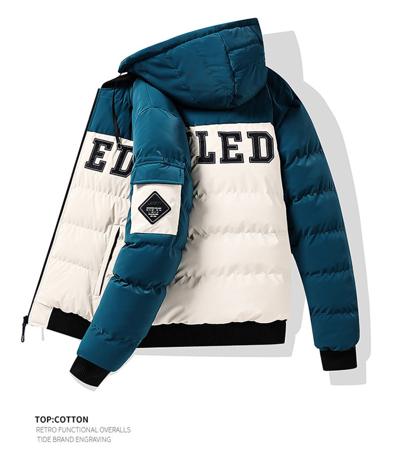 Wattierte Herrenjacke mit Stickerei, Daunenfüllung, dicker Baumwolle, kontrastfarbenem Futter, lockerer, abnehmbarer Mütze und doppelseitiger Kapuze_voghion.com