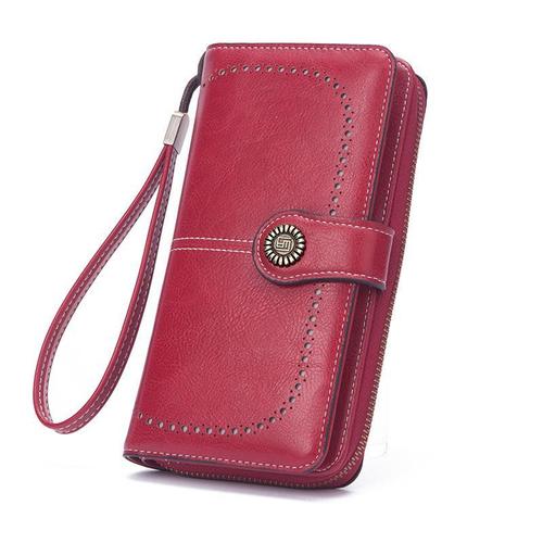 European and American Oil-Wax Leather Women's Wallet, Retro Leather Purse, European and American Style, Large-Capacity Long-Shape Coin Purse