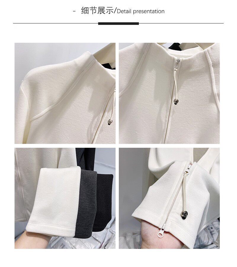 Áo khoác cardigan nữ dáng ôm cổ lọ nửa, khóa kéo đôi, tay dài, chất nhung Đức dày — màu xám đậm, màu đen, quả mơ chi tiết 4