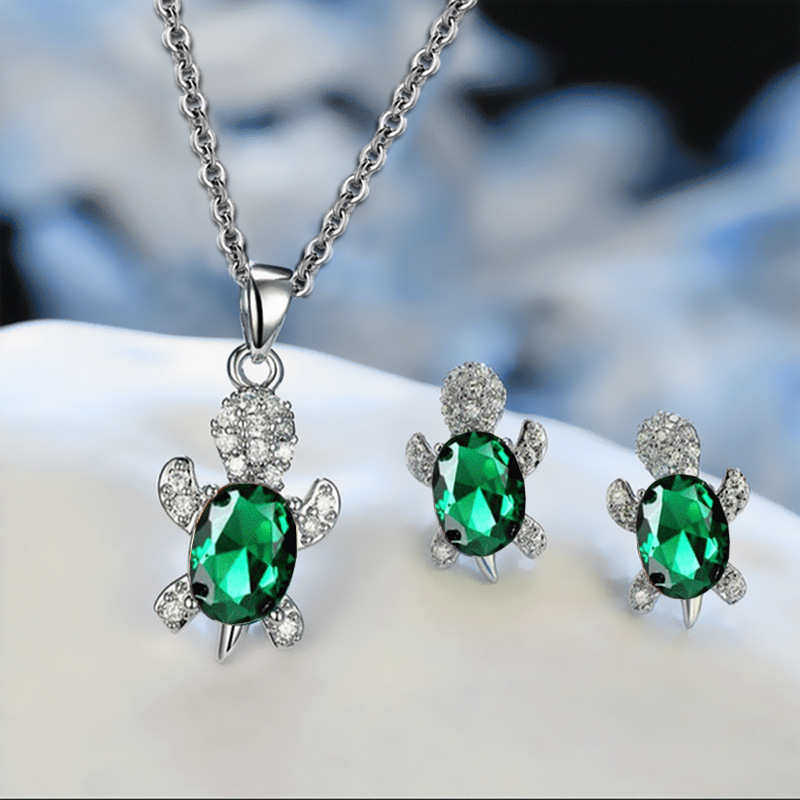Boutique Fashion Design Voller Diamant Exquisite Kleine Schildkröte Ohrringe Halskette Schmuck Set_voghion.com
