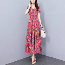 2026夏季新款高端红色妈妈气质连衣裙贵夫人时尚洋气雪纺碎花裙女