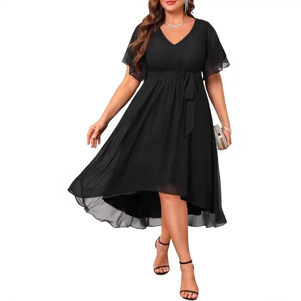 Aliexpress Europe and America Amazon Sexy V Neck Chiffon Cross Strap Ruffled Hem Skirt Dress 3 Colors