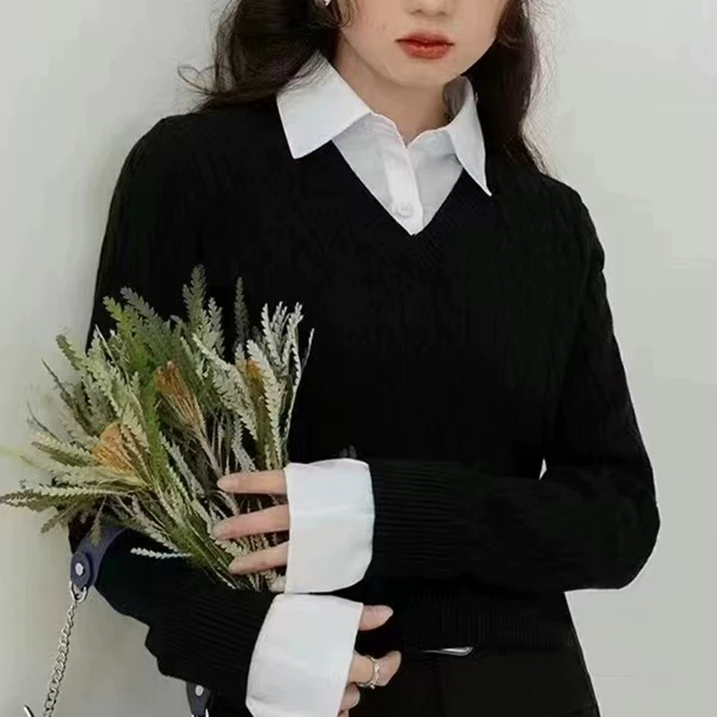Осенний демисезонный лоскутной/рубашка набор с косичкой, длинный рукав, корейский стиль