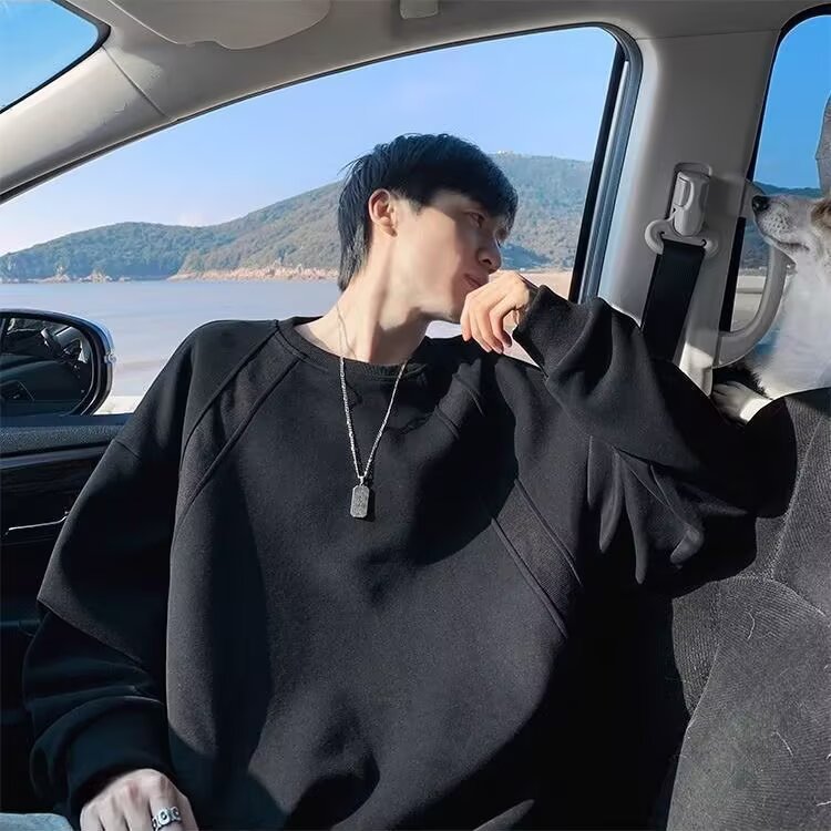 Versatile Youth Patchwork Hoodie Men's Autumn Long Sleeved T-shirt Retro Round Neck Top Trendy_voghion.com