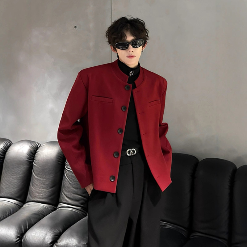 Burgundy Shoulder-Padded Stand-Up Collar Short Suit Jacket for Men 2025 Spring and Autum New Loose Slim Jacket Small Suit