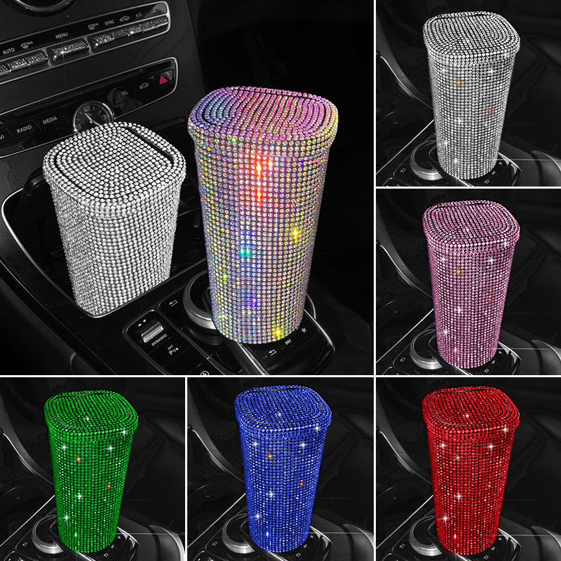 Car Storage Box Diamond-encrusted Vehicle-mounted Dirt Barrel Storage Box Car Mini Trash Bin Central Control Water Cup Holder Storage Box