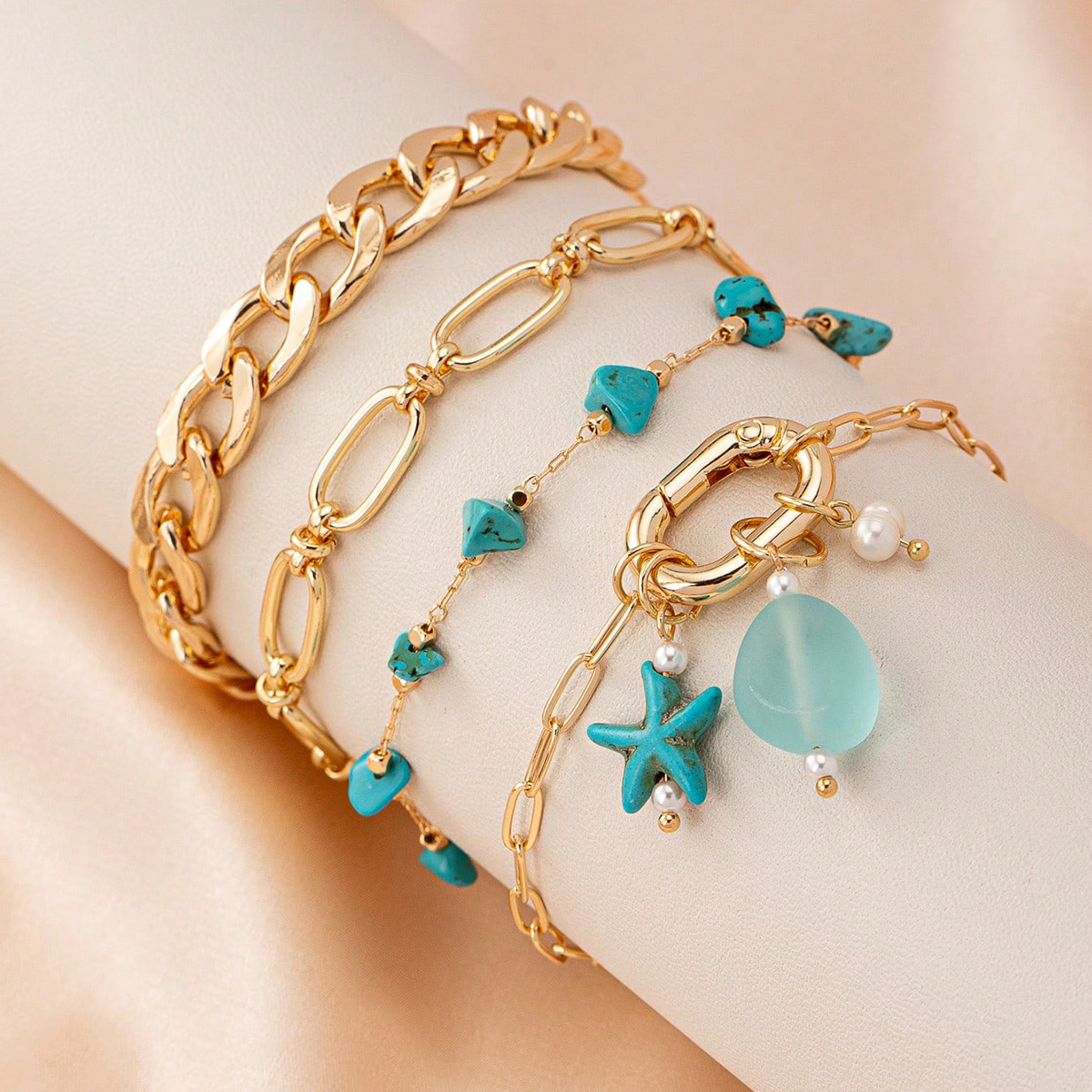 Conjunto de pulseiras femininas estrela do mar turquesa pedra_voghion.com
