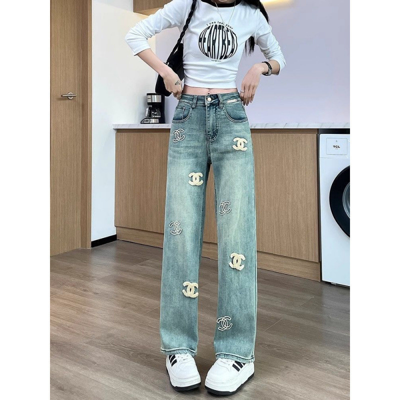 欧洲站个性街头刺绣牛仔裤女新款高腰显瘦宽松垂感百搭直筒阔腿裤|undefined
