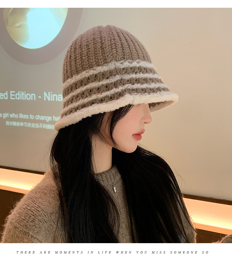 Autunno e inverno nuovo cappello coreano a righe lavorato a maglia con viso piccolo a secchiello per esterni in lana lavorata a maglia calda e alla moda_voghion.com