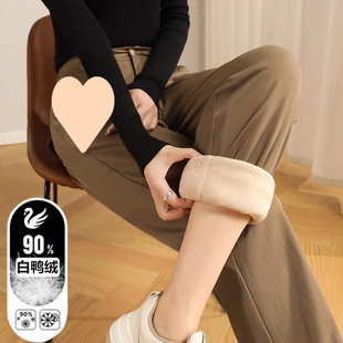 Mocha Brown Straight Down Pants Women's Winter Outer Wear 2024 New Fashion fleece-lined Thickened Cold Cotton Pants Wide Leg