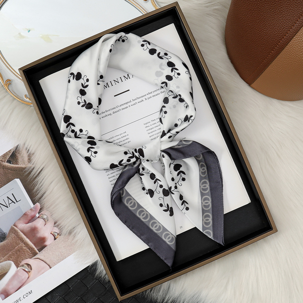 Pañuelo de seda de imitación con estampado blanco francés, chal de protección solar, bolsa de atar, bufanda cuadrada para el cabello, uso simple, flor 70, bufanda de seda