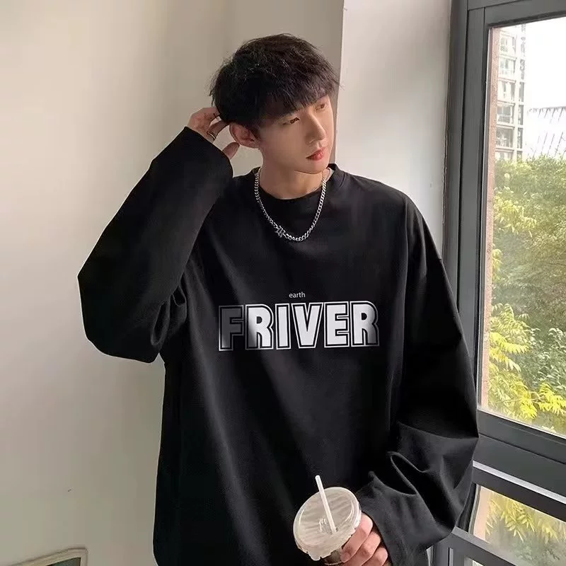 Осенняя новая футболка с длинными рукавами, мужской модный универсальный Свободный Повседневный Топ в Корейском стиле, внутренняя Базовая рубашка в гонконгском стиле