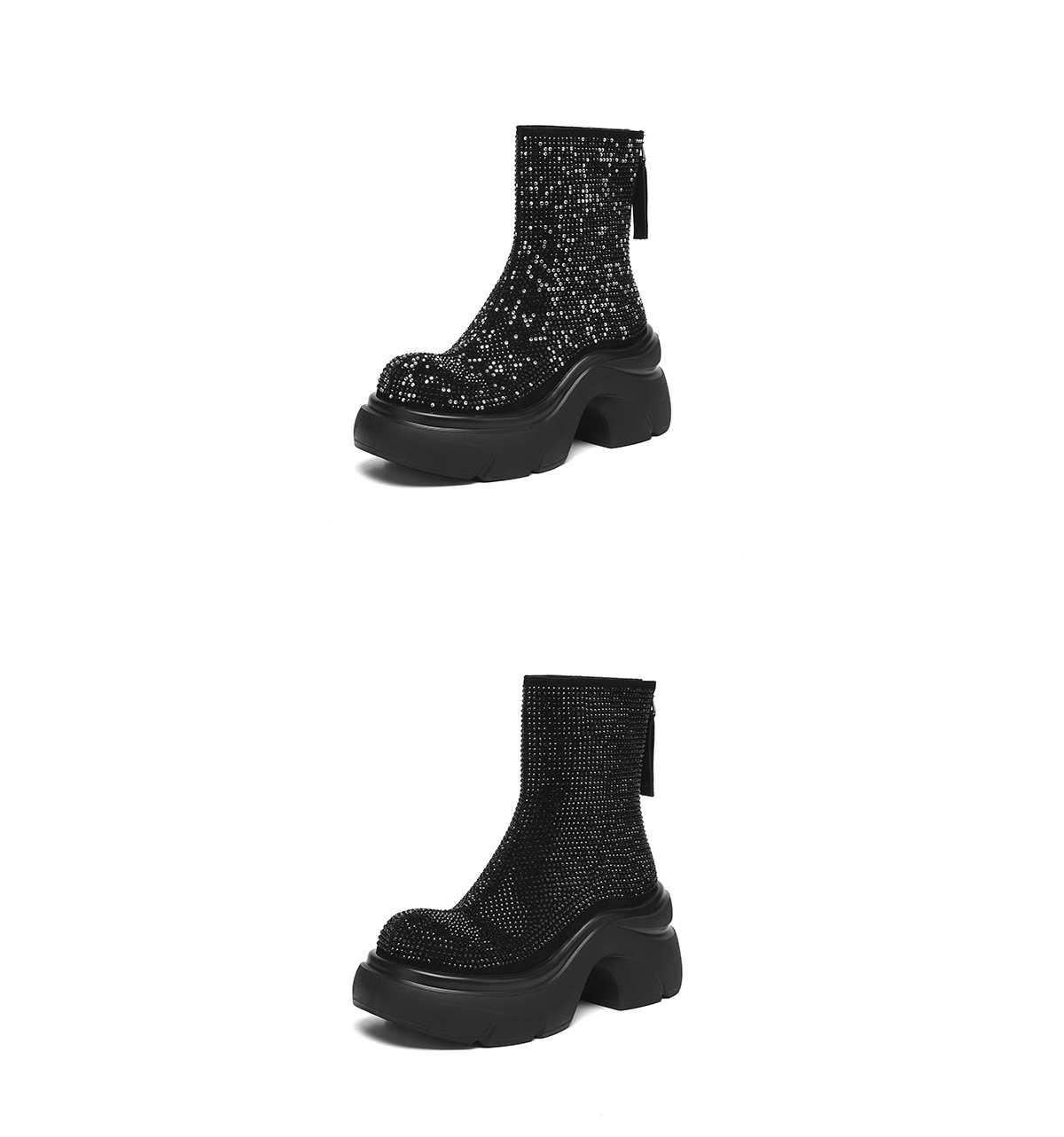 Boot nữ đế dày mũi tròn đính đá toàn bộ cổ ngắn mùa thu 2025 tăng chiều cao — Lớp lót nhung đen, Lớp lót nhung khối màu đen và bạc, Lớp lót đơn màu đen và bạc phù hợp, Lớp lót đơn màu đen chi tiết 22