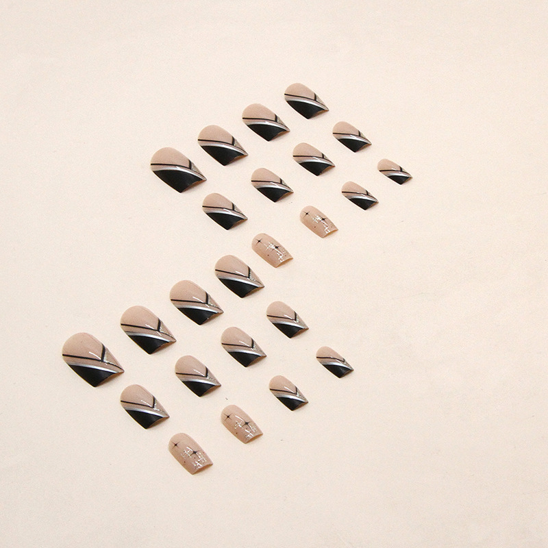 Patchs à ongles roses à paillettes, étoiles triangulaires noires, minimalistes européennes, style Instagram_voghion.com