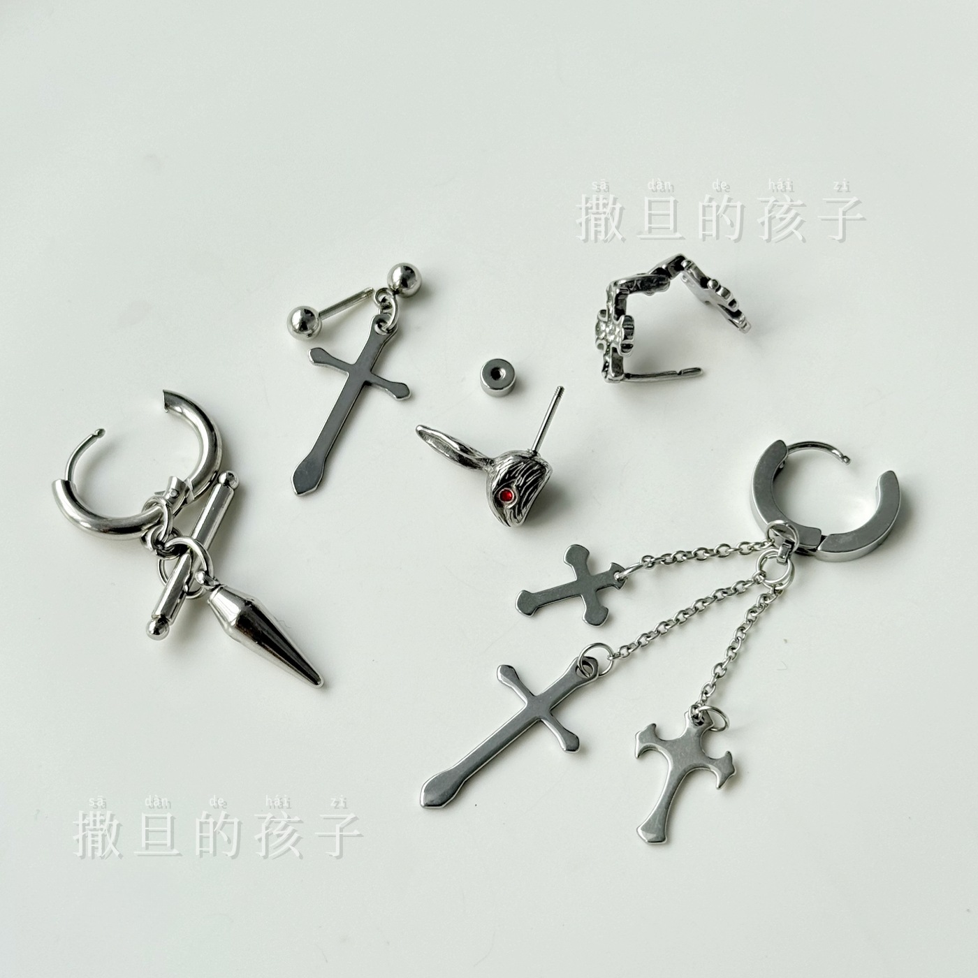 Punk Cross Earrings Dark Cyberpunk Style 316L Surgical Steel Ear Piercing Jewelry detail image 7