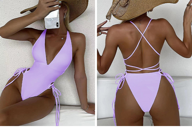 One-piece Swimsuit Deep V Neck Sexy Solid Colour Beach Bikini_voghion.com