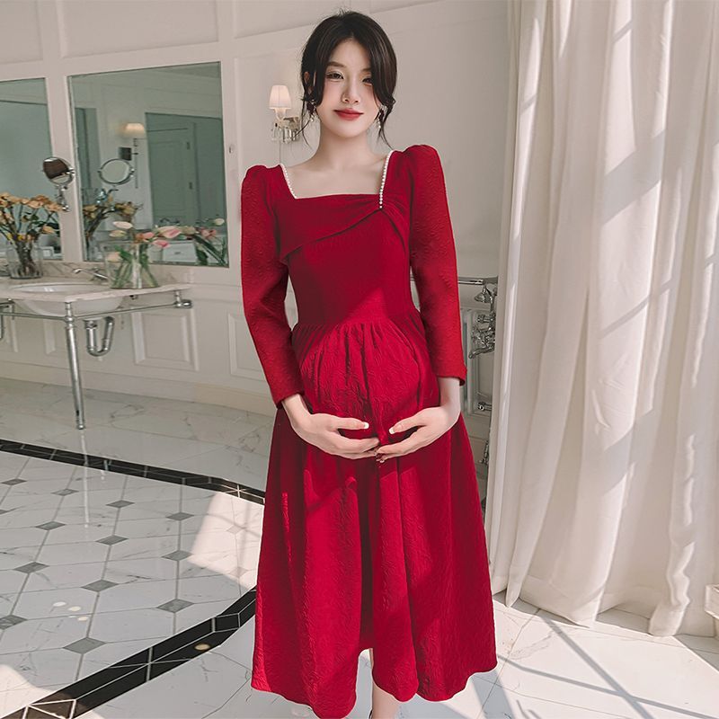 Maternity Toast Dress Bride Long Sleeve Wedding Engagement Dress Women's Plus Size Fat mm Wine Red Homecoming Dress Covering Belly Maternity Toast Dress Bride Long Sleeve Wedding Engagement Dress Women's Plus Size Fat mm Wine Red Homecoming Dress Covering Belly