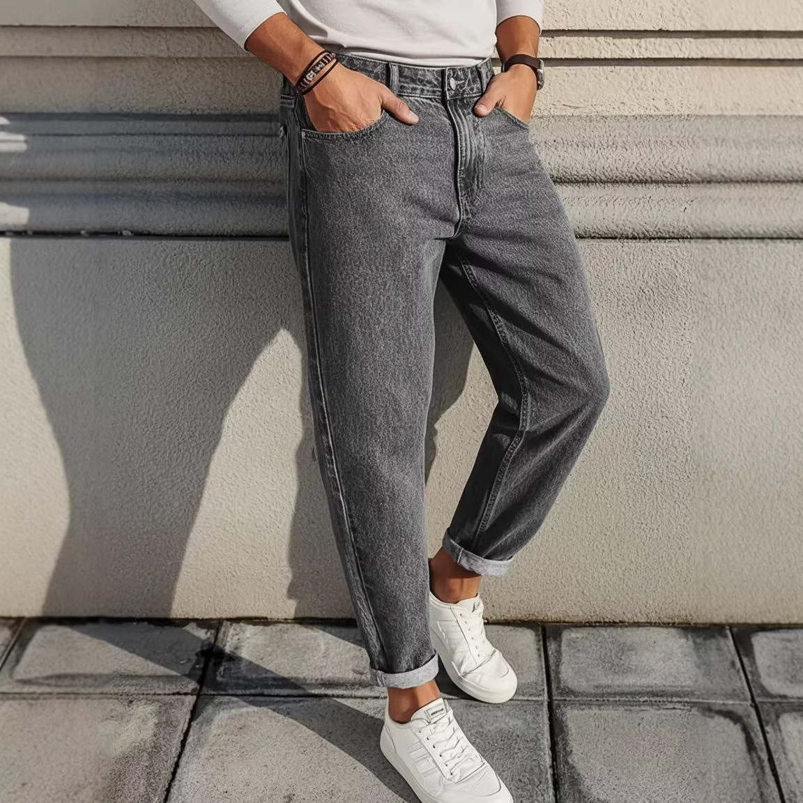 Jeans slim fit da uomo, classici pantaloni in denim a gamba dritta, look casual elegante, tessuto lavato in cotone di alta qualità_voghion.com