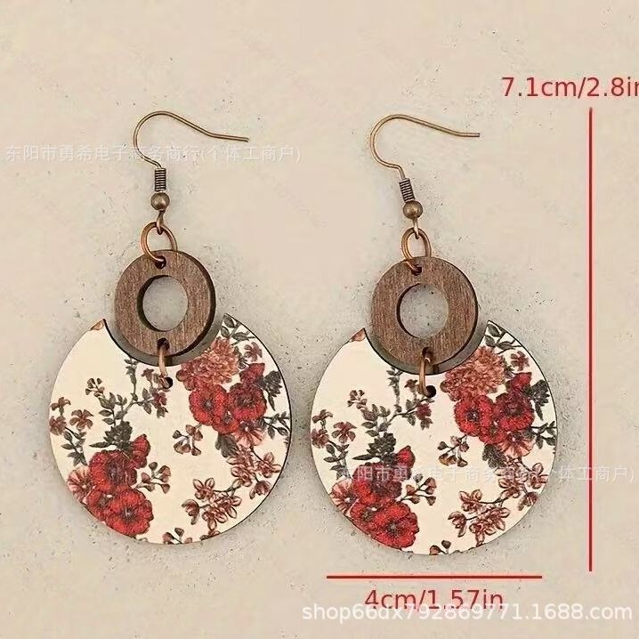New Double-Sided Colorful Bohemian Fashion Colorful Printed Earrings Wood Piece Splicing Simple Elegant Ethnic Style Earrings