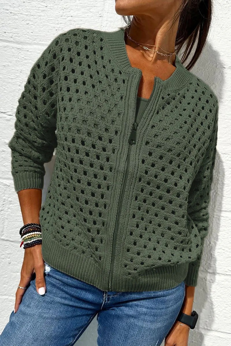 2026 nueva estación independiente de Amazon Europa y Estados Unidos ropa de mujer casual jersey hueco chaqueta con cremallera de punto chaqueta de mujer