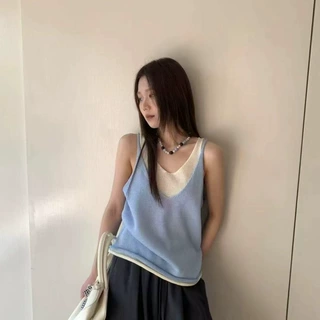 韩系温柔风针织女夏假两件显瘦吊带背心拼接毛织衫工厂批发外贸
