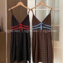 夏季绵绸吊带格子睡裙女日系简约中长款女士家居服高级感睡衣女夏