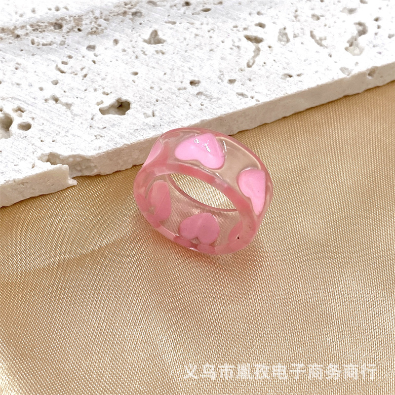Nueva Corea del Sur ins estilo dulce chica corazón hecho a mano aceite goteo pintado a mano amor anillo transparente macaron color anillo