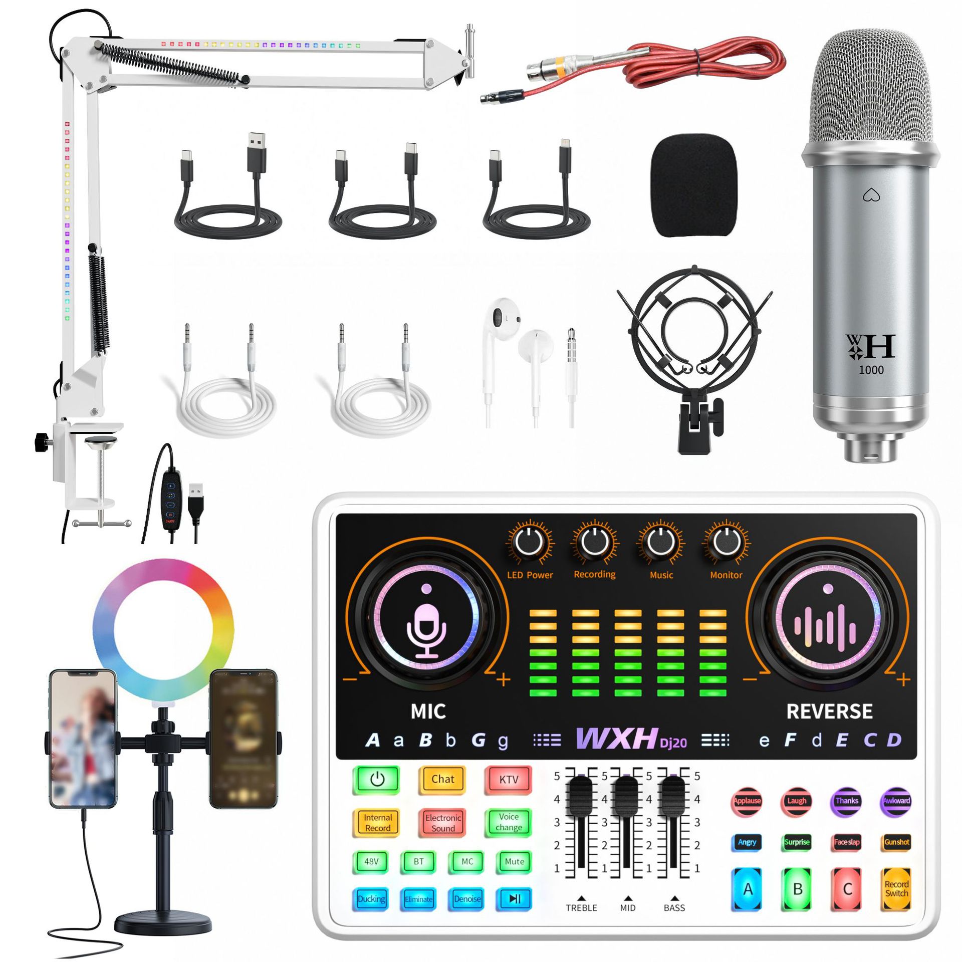 Cross-border explosions English 48V live broadcast sound card full suit equipment white DJ20 mobile phone sound card Tiktok live broadcast