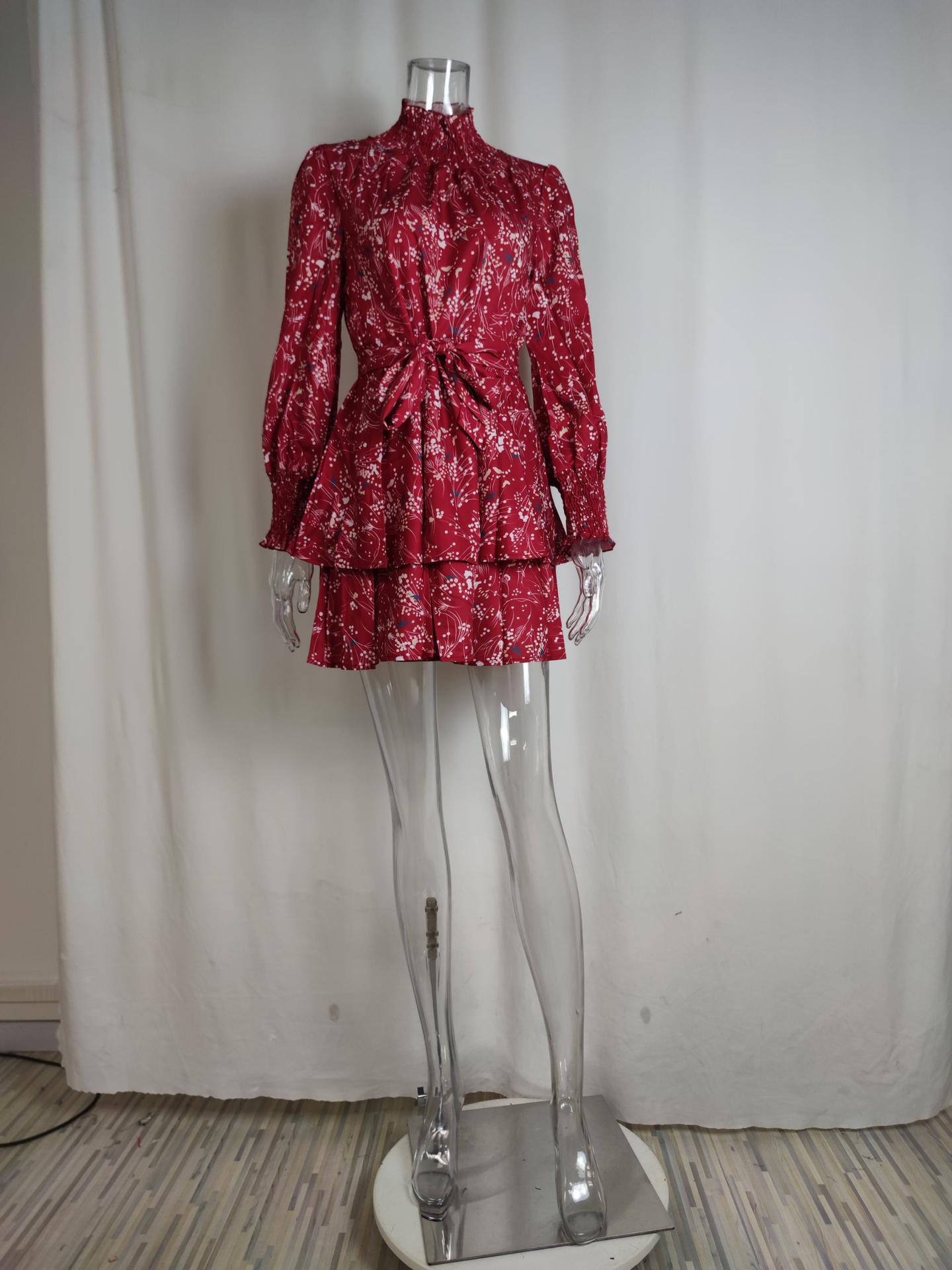 2026 New Spring Women's Clothing Cross-Border European And American Dresses Casual Floral Long-Sleeve Tie-Waist Ruffle_ecoleips.com