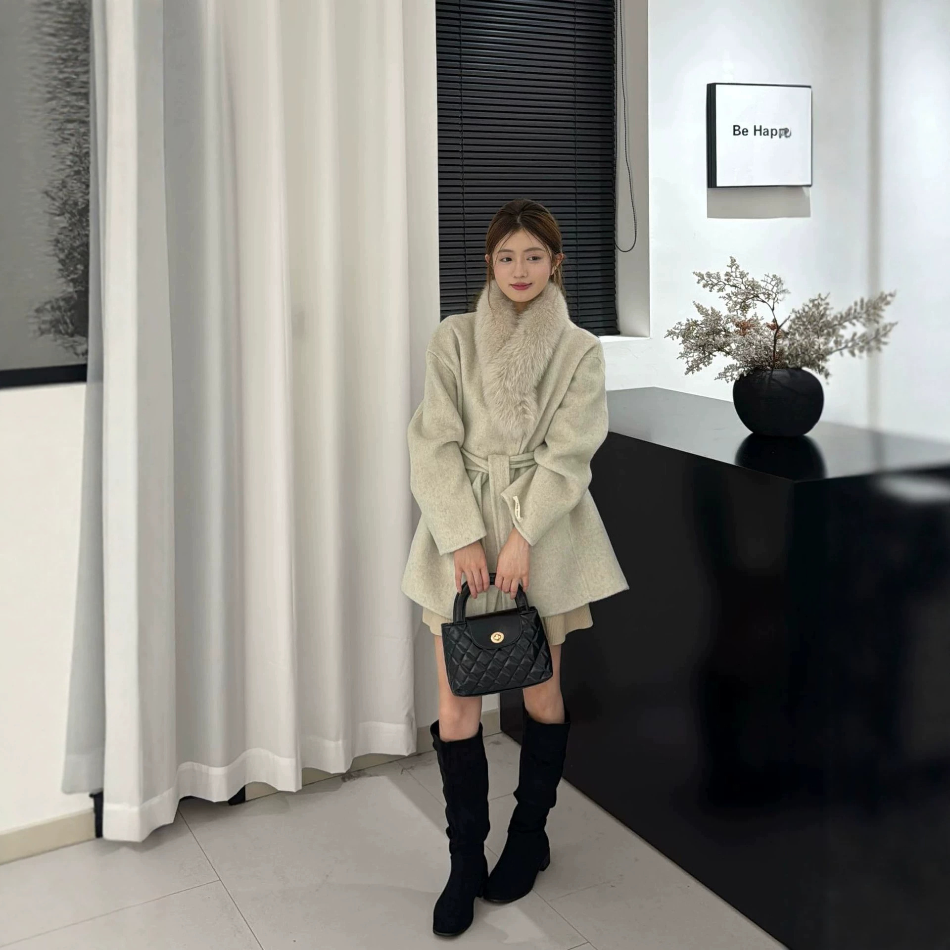 2026년 폭스퍼 칼라 겨울 한국 스타일 양면 모직 루즈핏 중간 길이 작은 사이즈 두꺼운 고급 모직 코트 양털