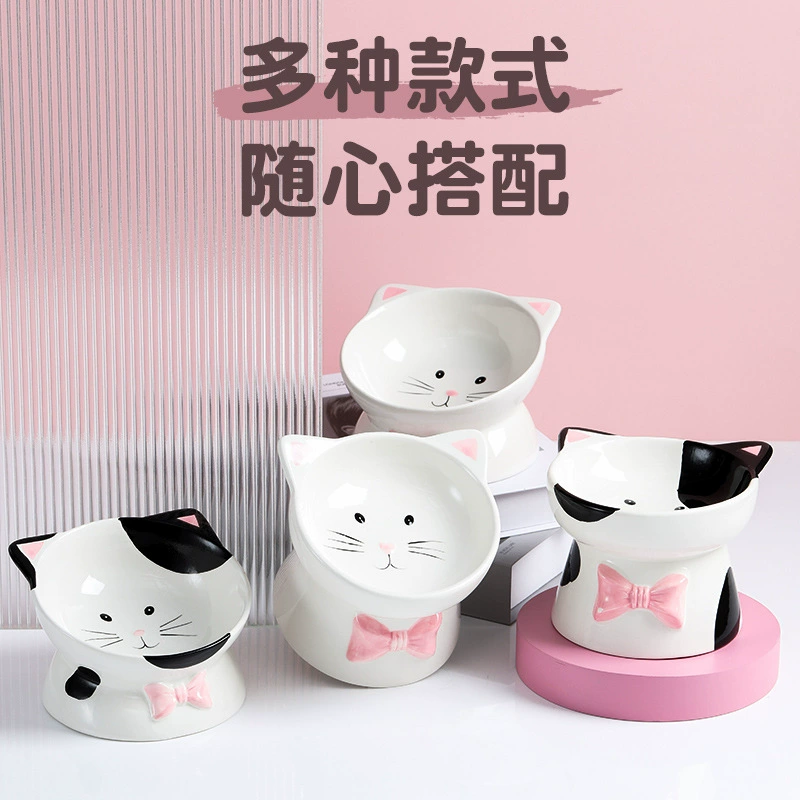 【Tianyuan Pet_Cat Head Ceramic Bowl】Керамическая миска на кота голова с наклонной шеей, защитная, керамическая чашa, для кошки и собаки