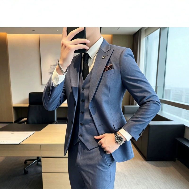 Foreign Trade Stylish Men's Three-Piece Suit in Solid Color with a High-End Feel, Suitable for Banquets and Business, Slim Fit and Fashionable