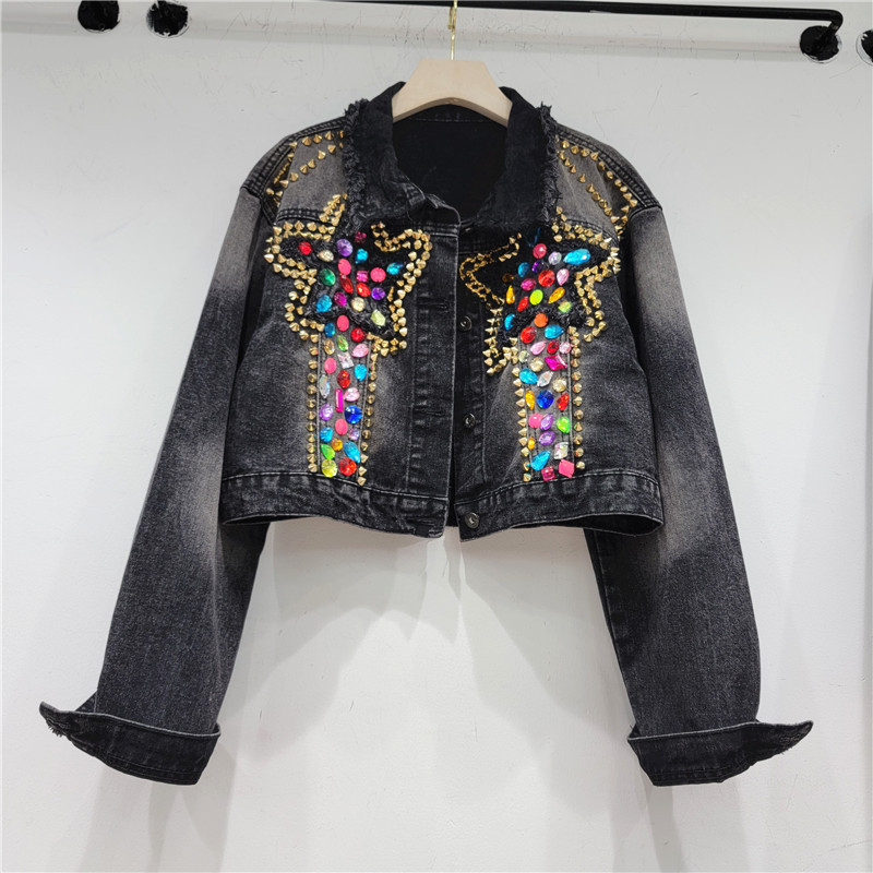 Thailand fashion brand 2023 autumn new five-pointed star beaded Denim coat women's short loose jacket top cross-border
