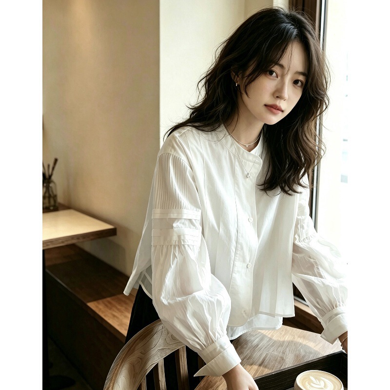 White Sketch Studio Soft Drape "2026ss Early Autumn New Arrival 100% Cotton French Puff Sleeve White Shirt for Women White Sketch Studio Soft Drape "2026ss Early Autumn New Arrival 100% Cotton French Puff Sleeve White Shirt for Women