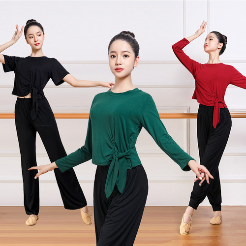 Dance costume for women, classical dance attire, loose black top, wide-leg pants, student practice dance pants set