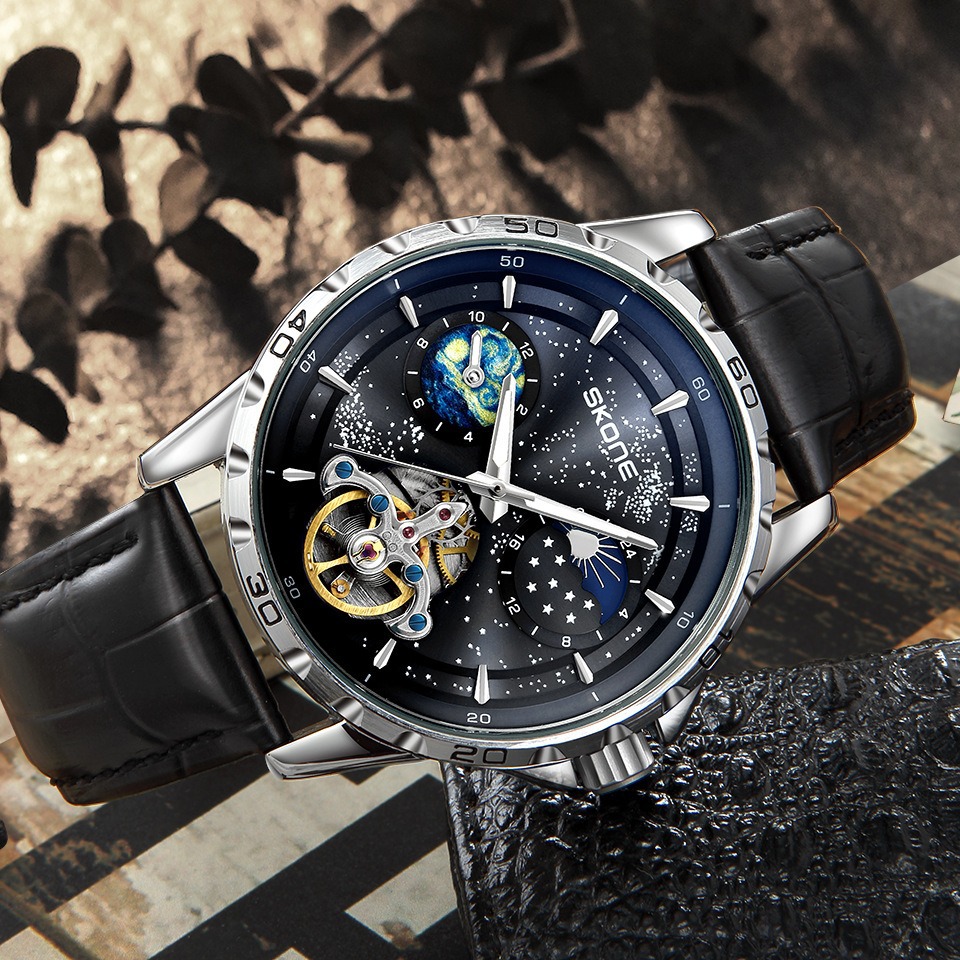 Star Sea Sun Moon Star reloj mecánico para hombre nuevo reloj de cuero para hombre casual de negocios serie Phantom